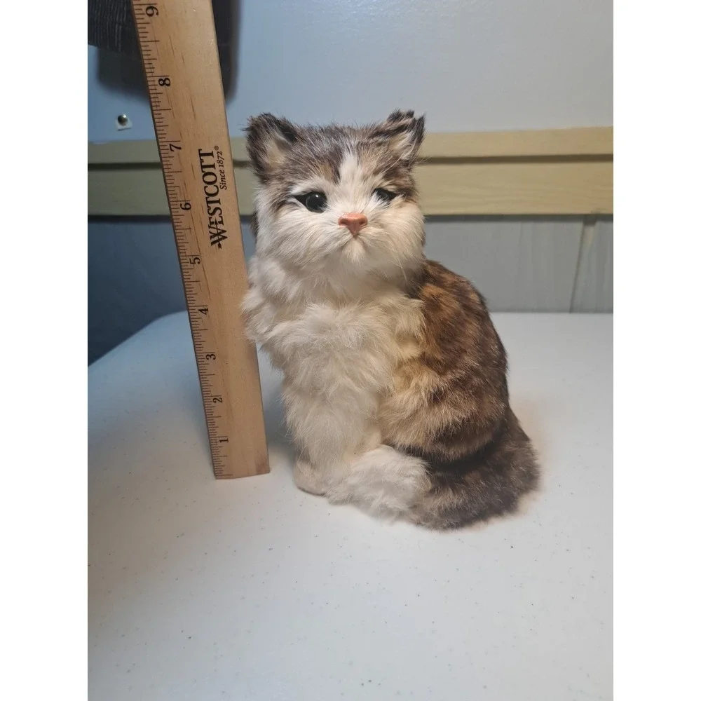 Real Fur Kitty Cat Calico Realistic Vtg Tri-Color Sitting 7.5